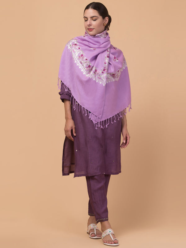 Acro Wool Stole / Wrap with Aari Embroidery Border - Purple