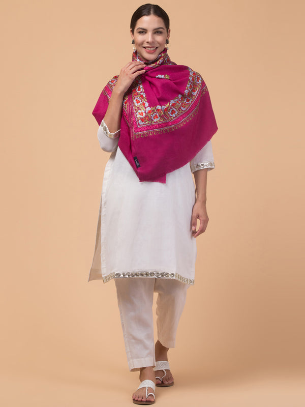 Kashmiri Aari Embroidery Stole, Solid Color with Multicolor Floral Design - Rose