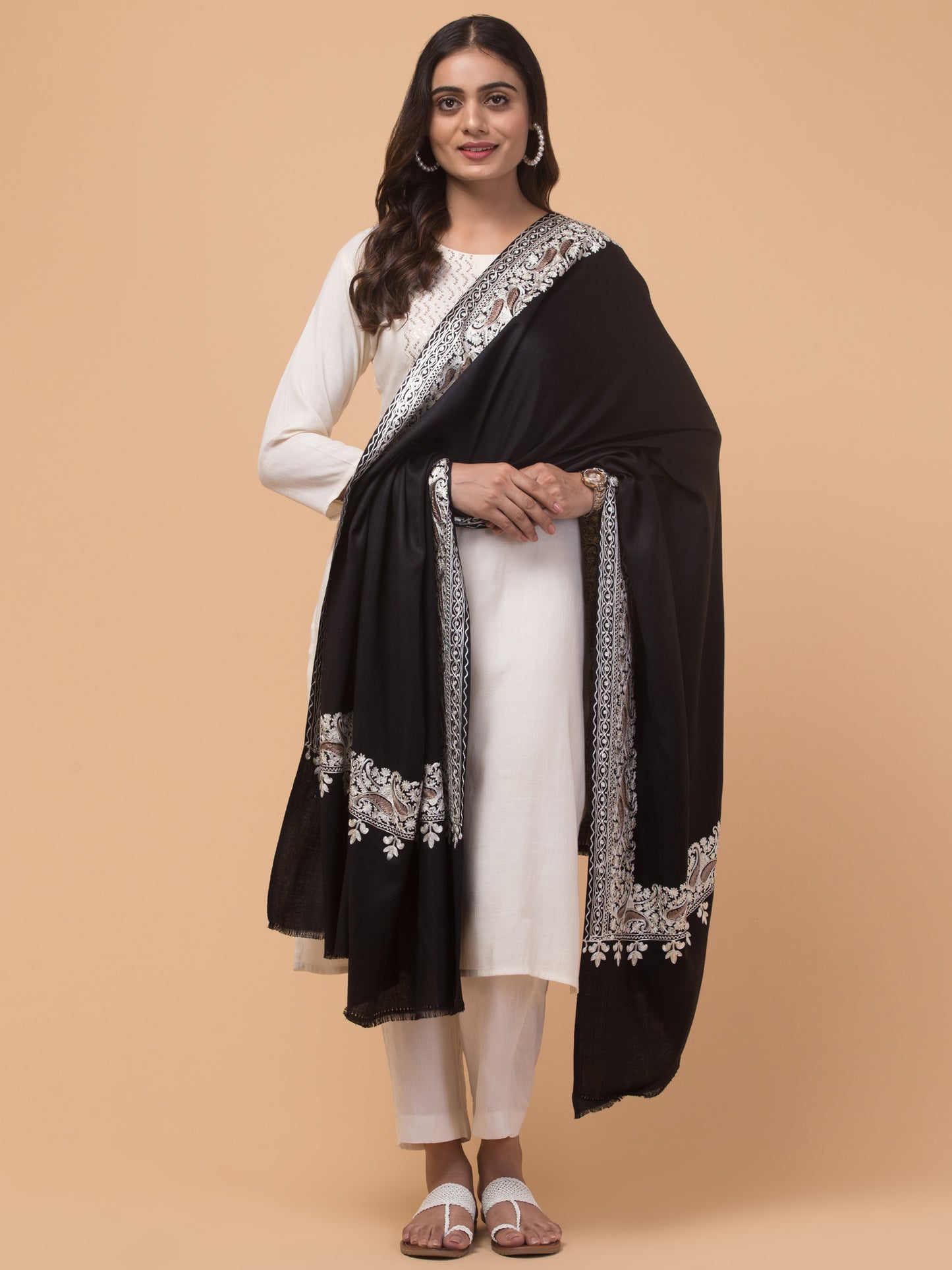 tweedle Kashmiri Aari Embroidery Shawl for Women - Black (40 x 80 inches)