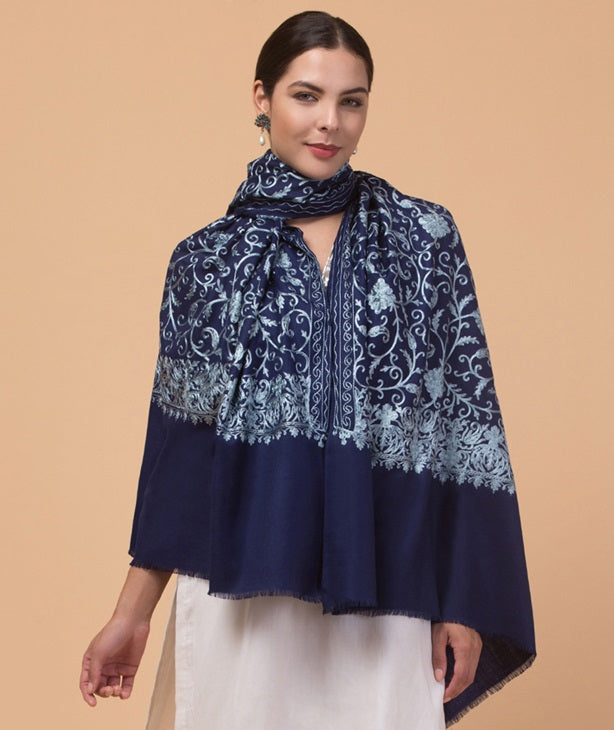 tweedle Kashmiri Aari Embroidery Shawl for Women - Navy Blue (40 x 80 inches)
