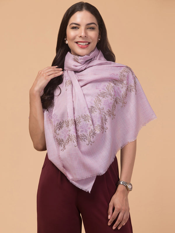 Crystal /Stone Booti Work Fine Wool Stole - Pink