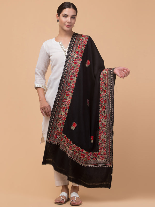 Kashmiri Aari Embroidery Stole, Solid Color with Multicolor Floral Design - Black