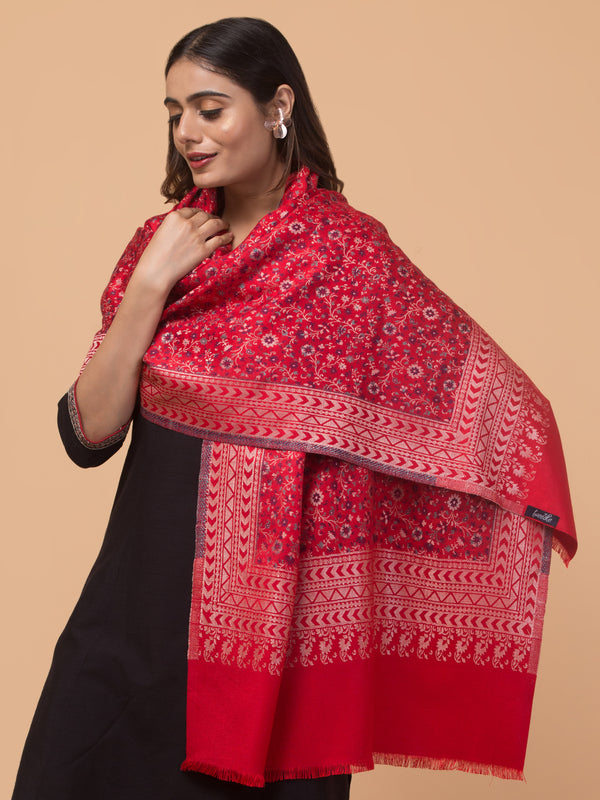 Floral Design Stole with Geometric Zari Border - Red