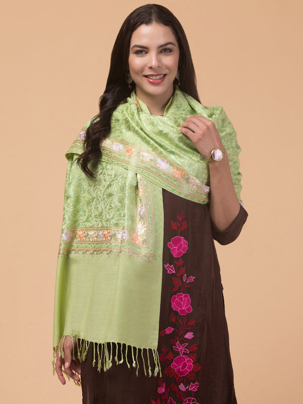 Acro Wool, Soft Feel Kashmiri Embroidery Stole for Winters - Light Green