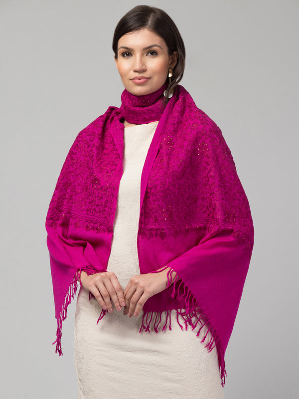 Pure Wool Tone to Tone Kashmiri Embroidery Stole with Stone Work - Rose