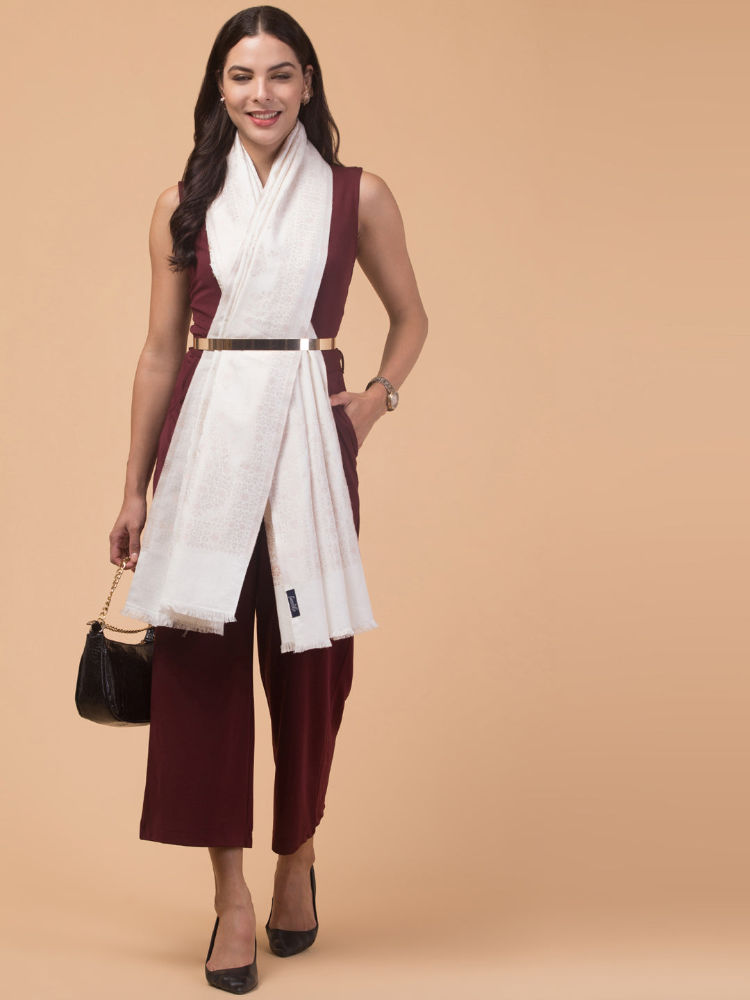 Zari Weave Floral Design Acrylic Stole - White