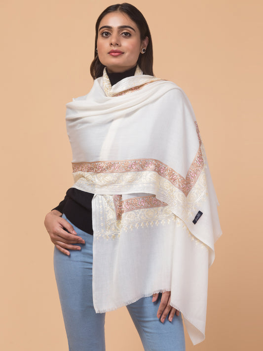 Tweedle Fine Wool Embroidered Stole for Women - Off-White, Size -28x80