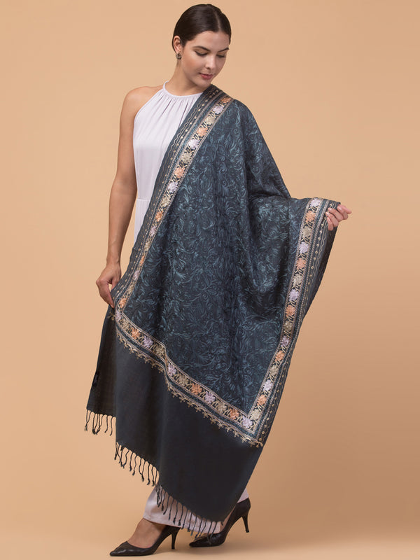 Acro Wool, Soft Feel Kashmiri Embroidery Stole for Winters - Grey