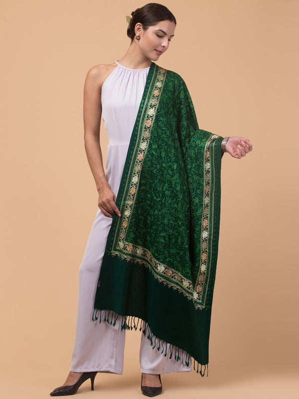 Acro Wool, Soft Feel Kashmiri Embroidery Stole for Winters - Dark Green