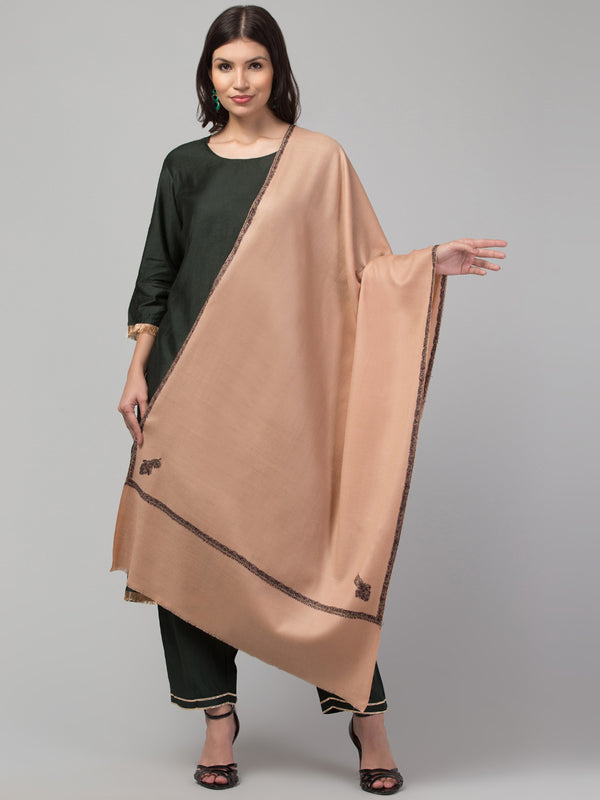 Fine Wool Plain Traditional Kingri Stole with Hand Embroidery Border - Beige