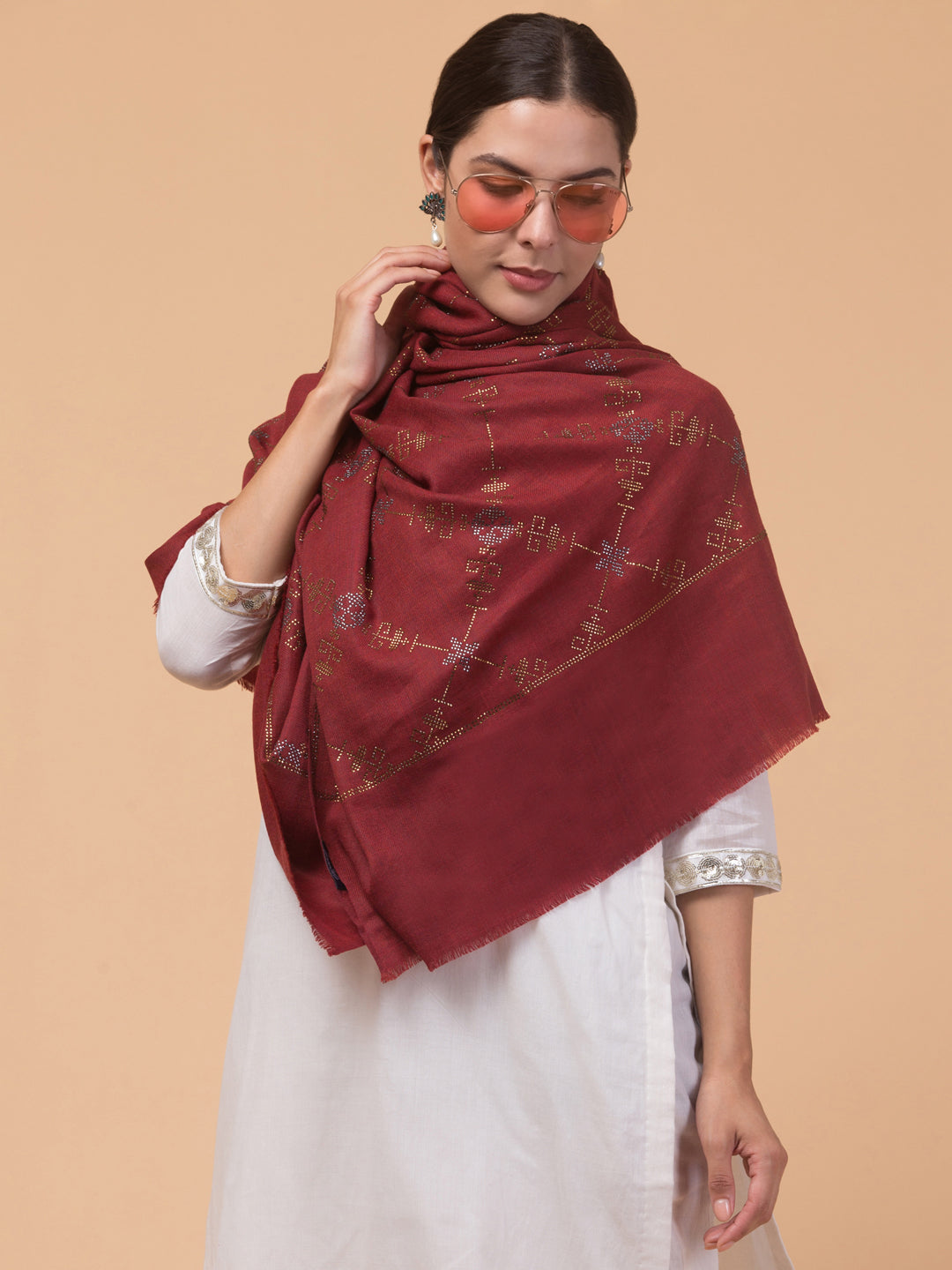 Fine Wool Crystal / Stone Work Stole - Maroon