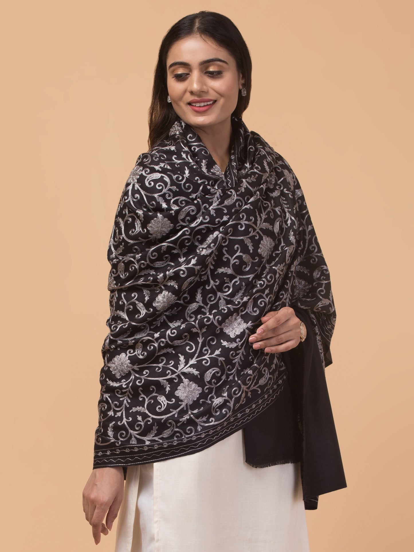 tweedle Kashmiri Aari Embroidery Shawl for Women - Black (40 x 80 inches)