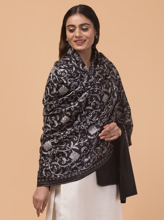 tweedle Kashmiri Aari Embroidery Shawl for Women - Black (40 x 80 inches)