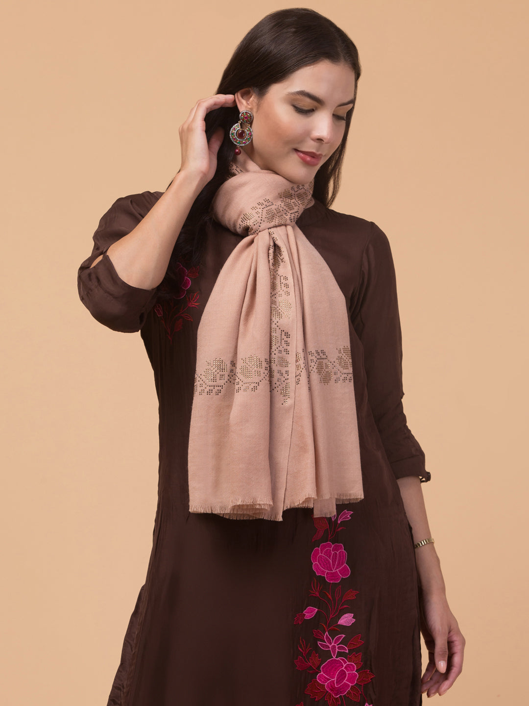 Fine Wool Crystal/Stone Work Stole for Winters - Beige