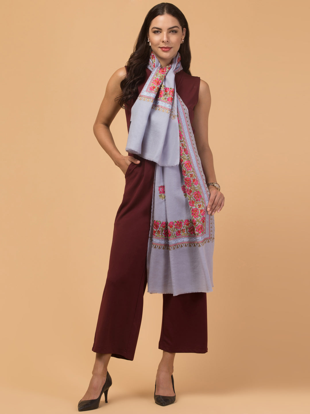 Tweedle Women’s Gulbahaar Aari Embroidery Stole/ Scarf, Light Blue (Size-28x80 )