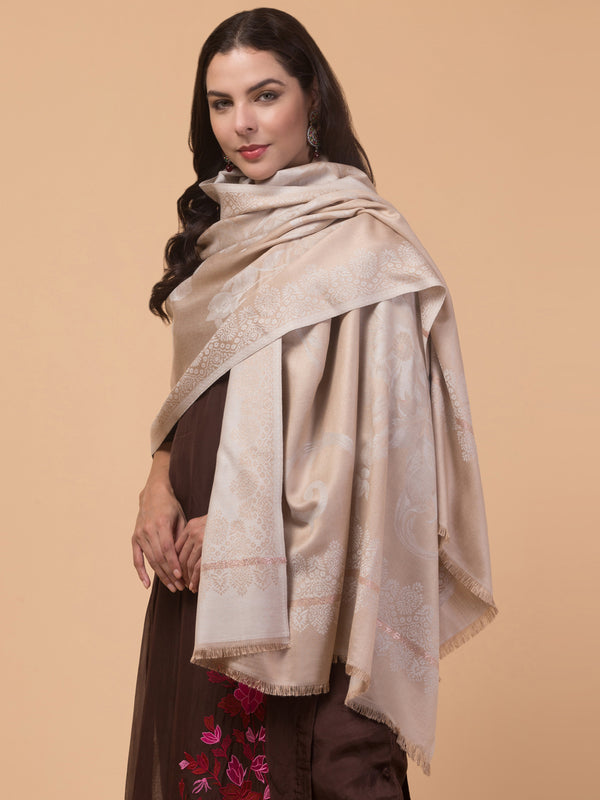 Soft and Smooth Feel, Rose Design, Reversible Shawl - Beige