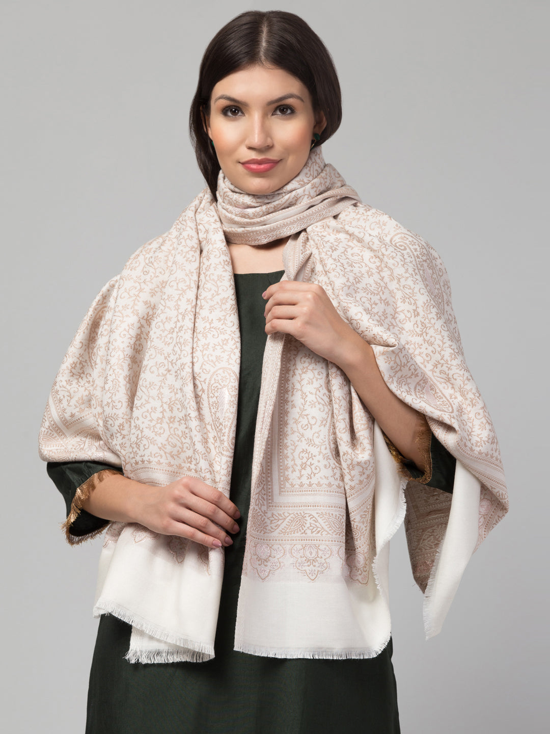 Zari Work Paisley Design Shawl - Off White