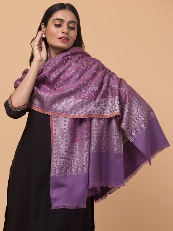 Floral Design Stole with Geometric Zari Border - Purple