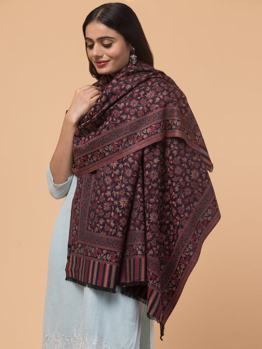 Ethnic Kashmiri Kani Design, Faux Pashmina Shawl - Navy Blue