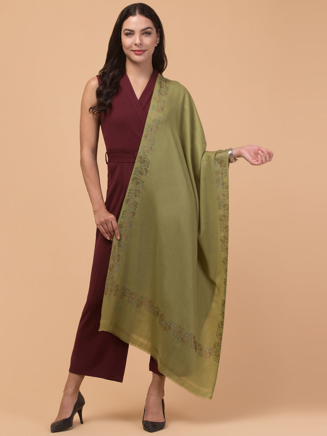 Fine Wool Crystal/Stone Work Stole for Winters - Green