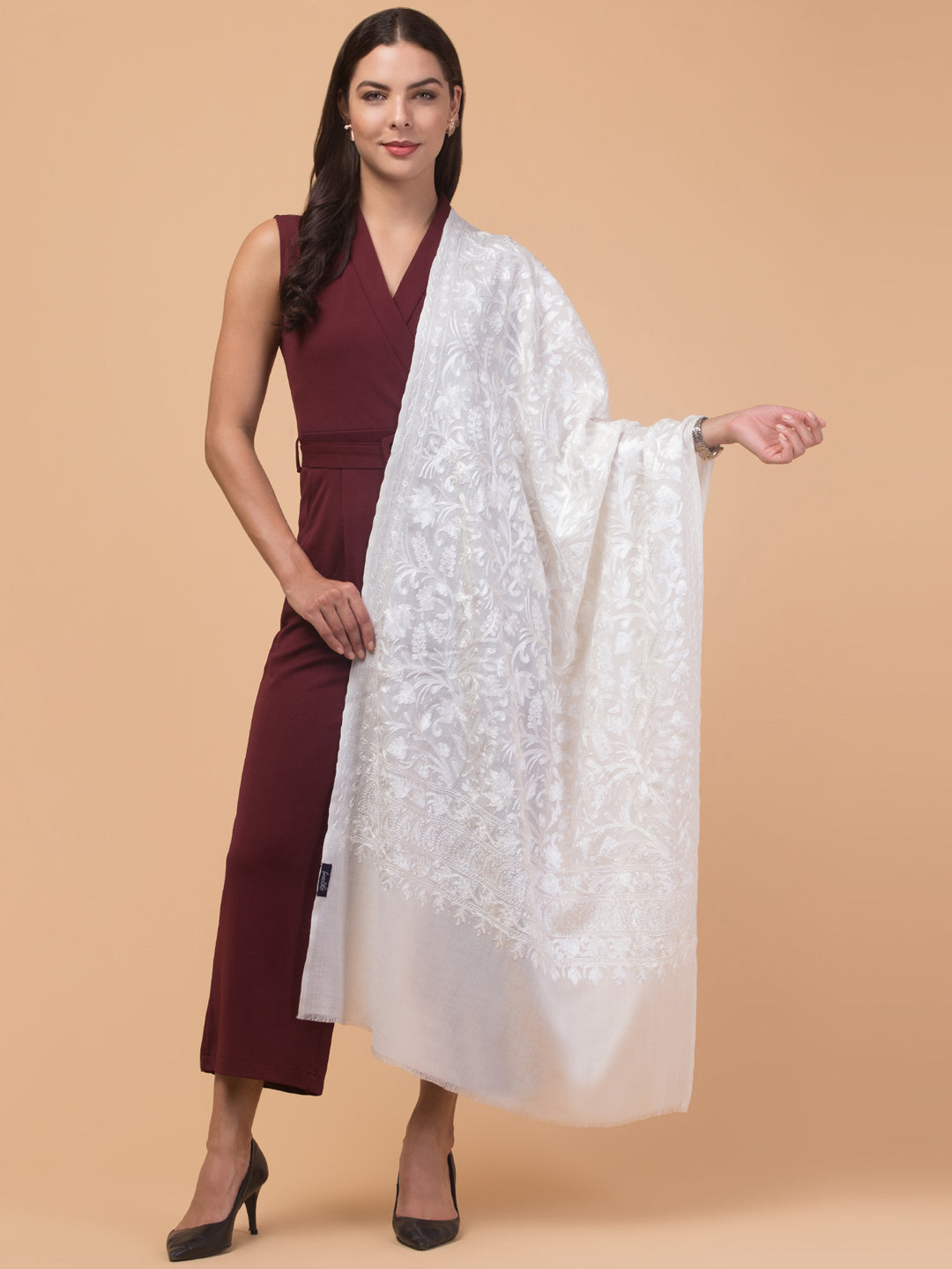 tweedle Women's Fine Wool Tone to Tone  Kashmiri Embroidery Stole - Off White