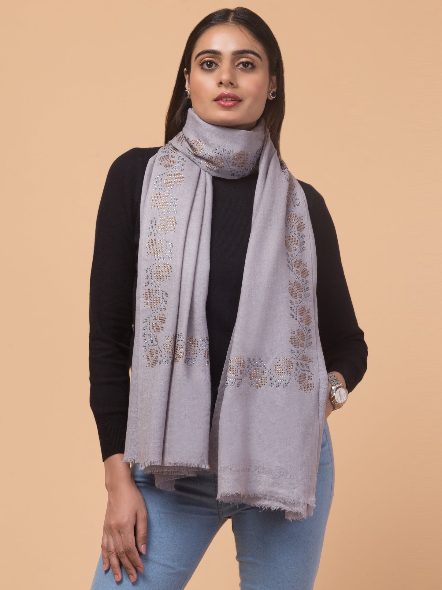 Fine Wool Crystal/Stone Work Stole for Winters - Grey