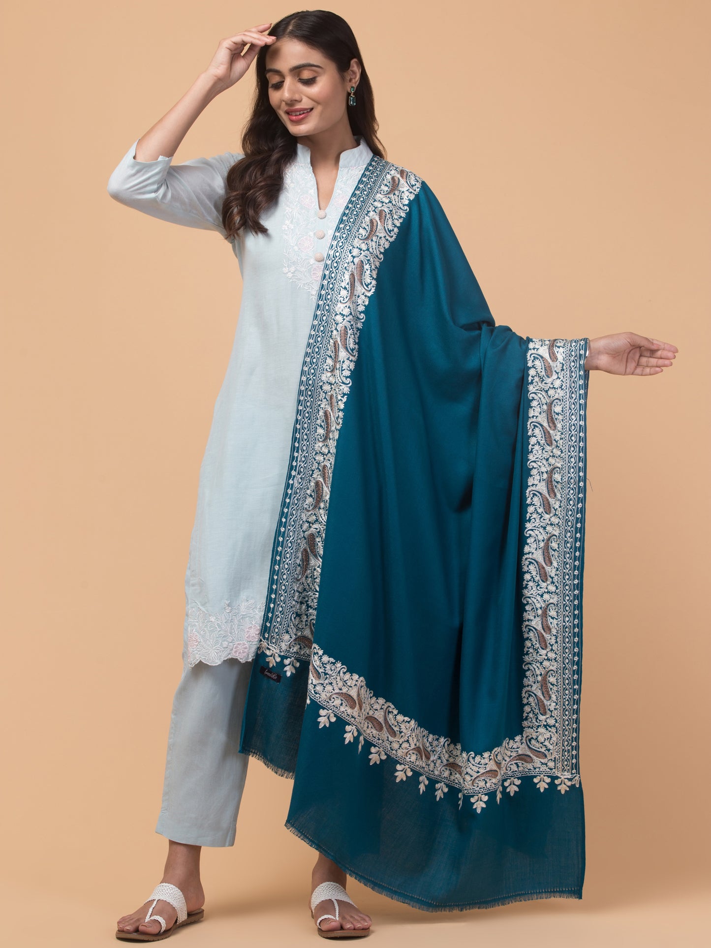 tweedle Kashmiri Aari Embroidery Shawl for Women - Turquoise (40 x 80 inches)