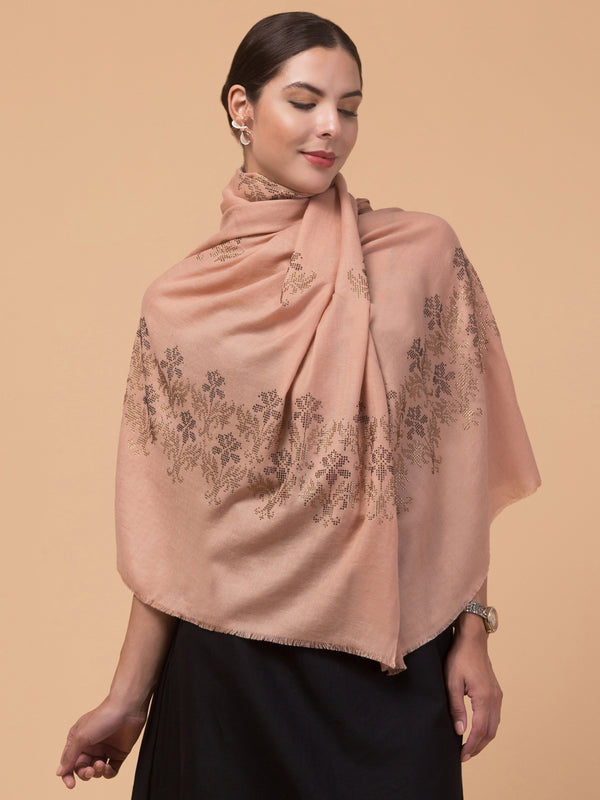 Crystal /Stone Booti Work Fine Wool Stole - Beige