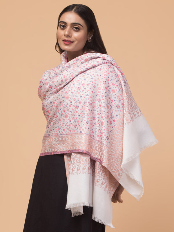 Floral Design Stole with Geometric Zari Border - White