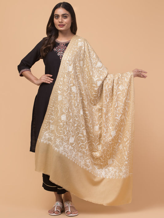 tweedle Kashmiri Aari Embroidery Shawl  for Women - Beige (40 x 80 inches)