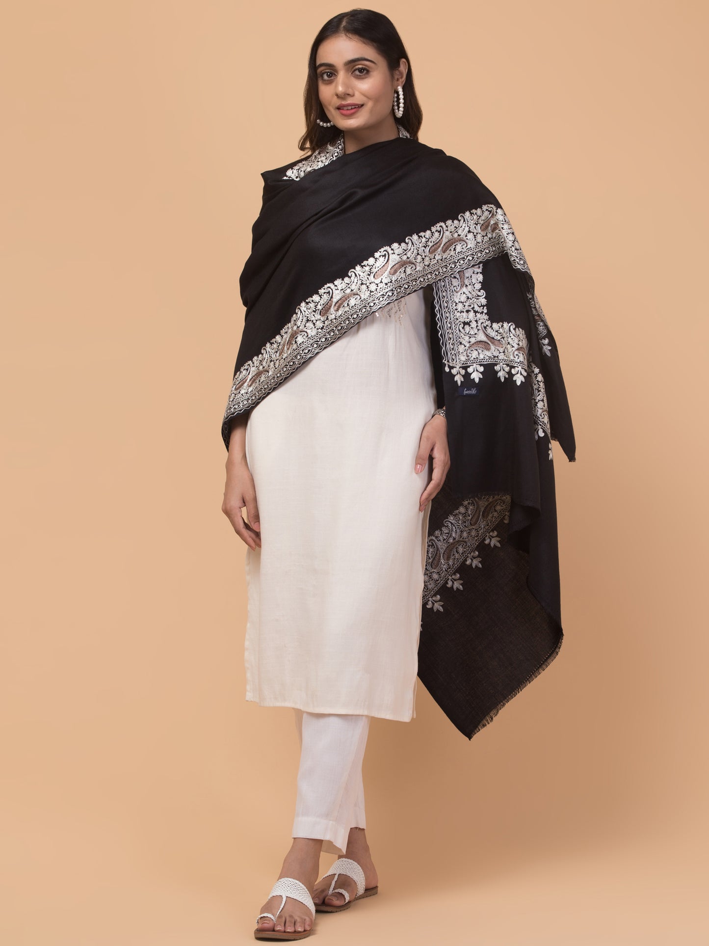 tweedle Kashmiri Aari Embroidery Shawl for Women - Black (40 x 80 inches)