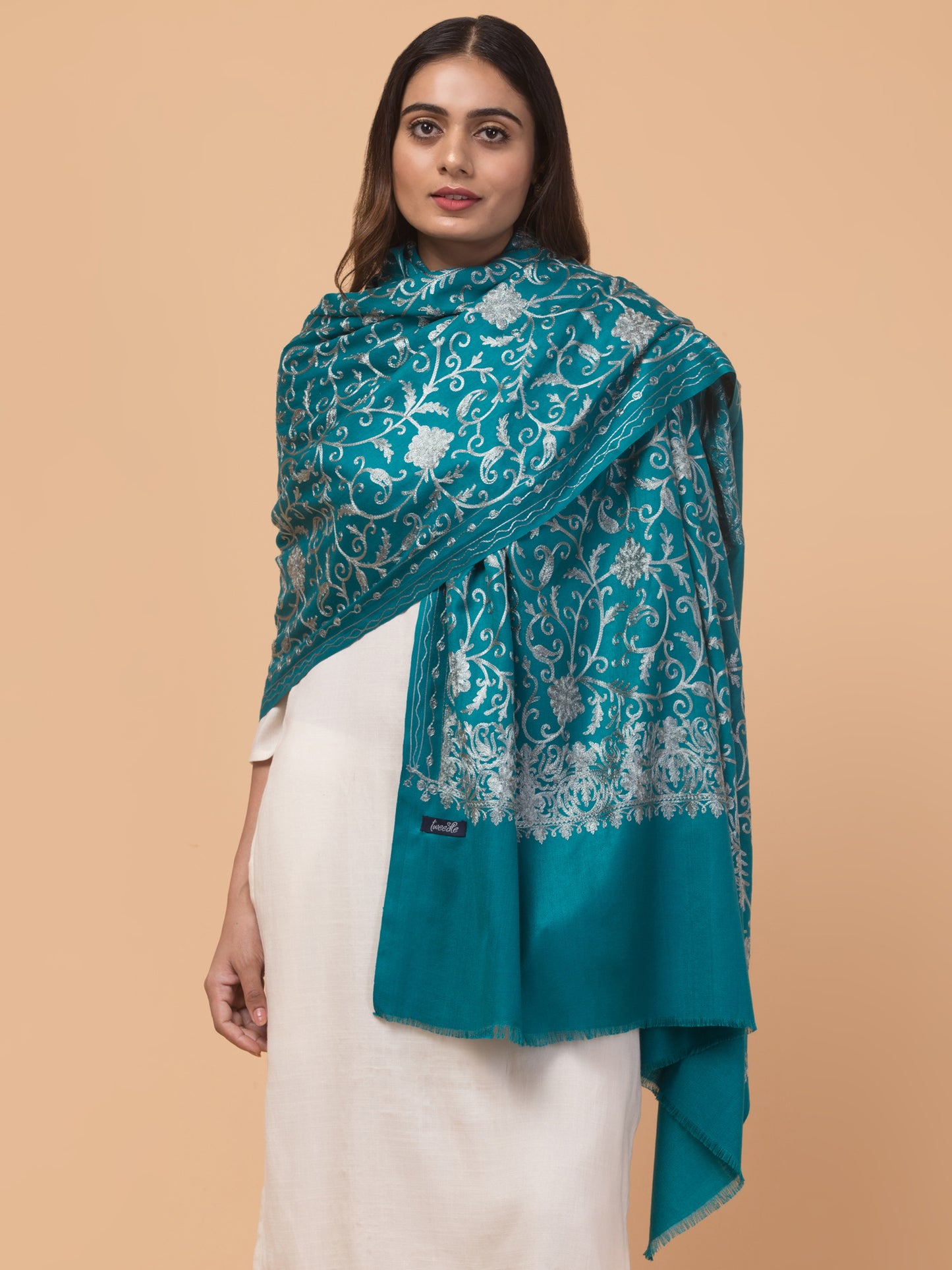 tweedle Kashmiri Aari Embroidery Shawl for Women - Turquoise (40 x 80 inches)