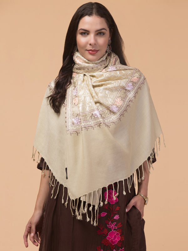 Acro Wool, Soft Feel Kashmiri Embroidery Stole for Winters - Beige