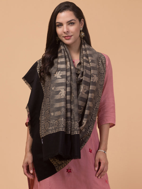 Ethnic Reversible Acrylic Shawl in Kashmiri Chinar Patta Pattern - Black