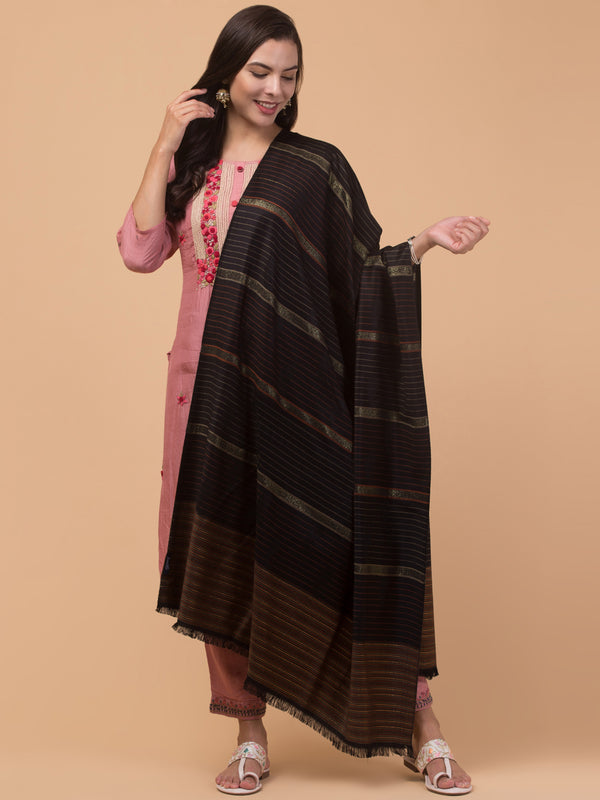 Stripes Design, Black Zari Weave Acro Wool Shawl