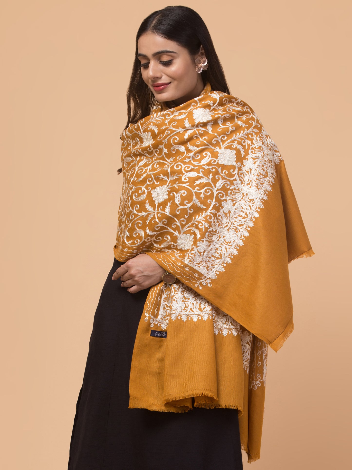 tweedle Kashmiri Aari Embroidery Shawl for Women - Mustard (40 x 80 inches)
