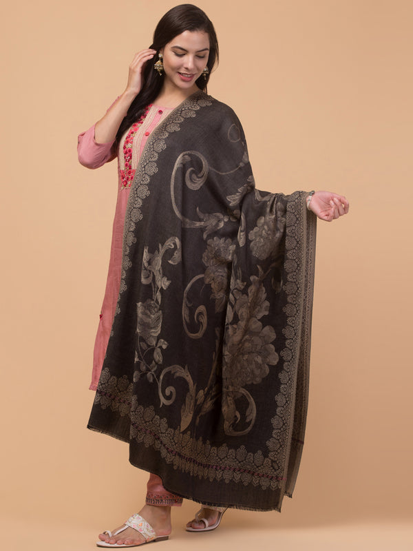 Soft and Smooth Feel, Rose Design, Reversible Shawl - Black