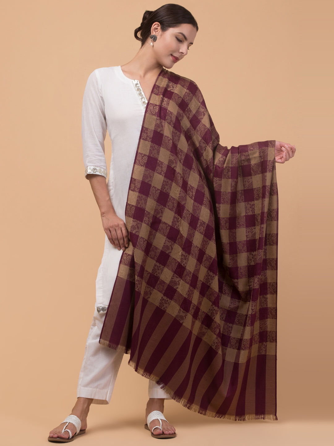 Reversible, Check Design, Woven Shawl - Wine