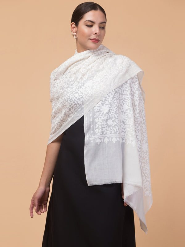 Pure Wool White on White Kashmiri Embroidery Stole