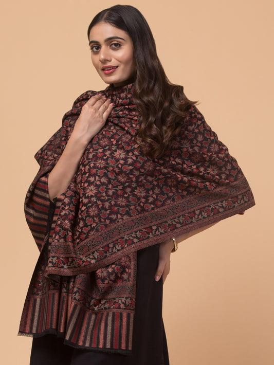 Ethnic Kashmiri Kani Design, Faux Pashmina Shawl - Black