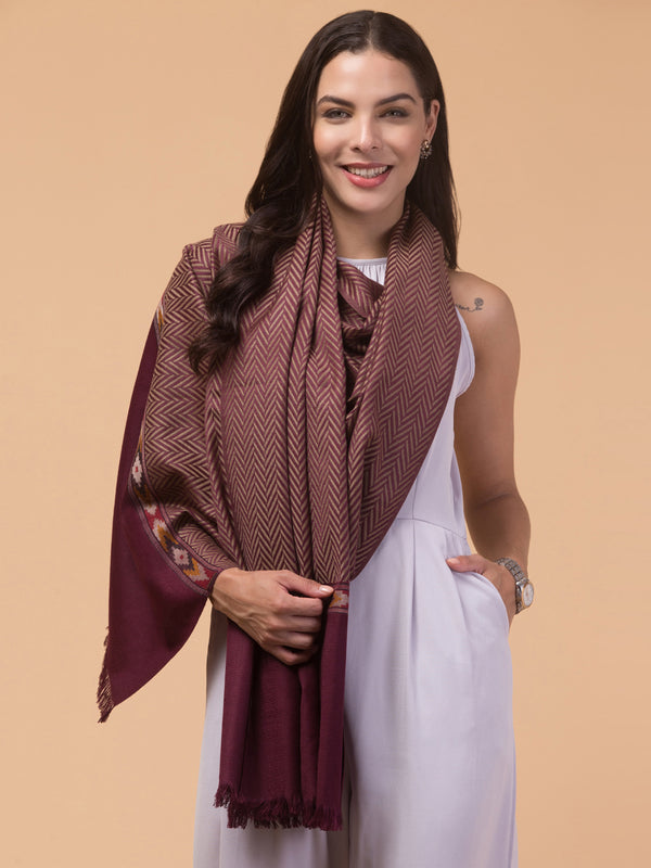 Geometrical Pattern with Plain Palla Shawl for Winters - Wine