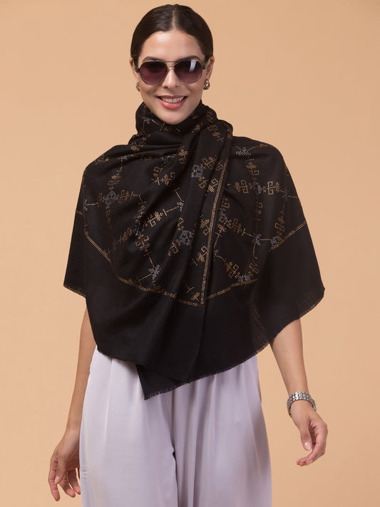 Fine Wool Crystal / Stone Work Stole - Black