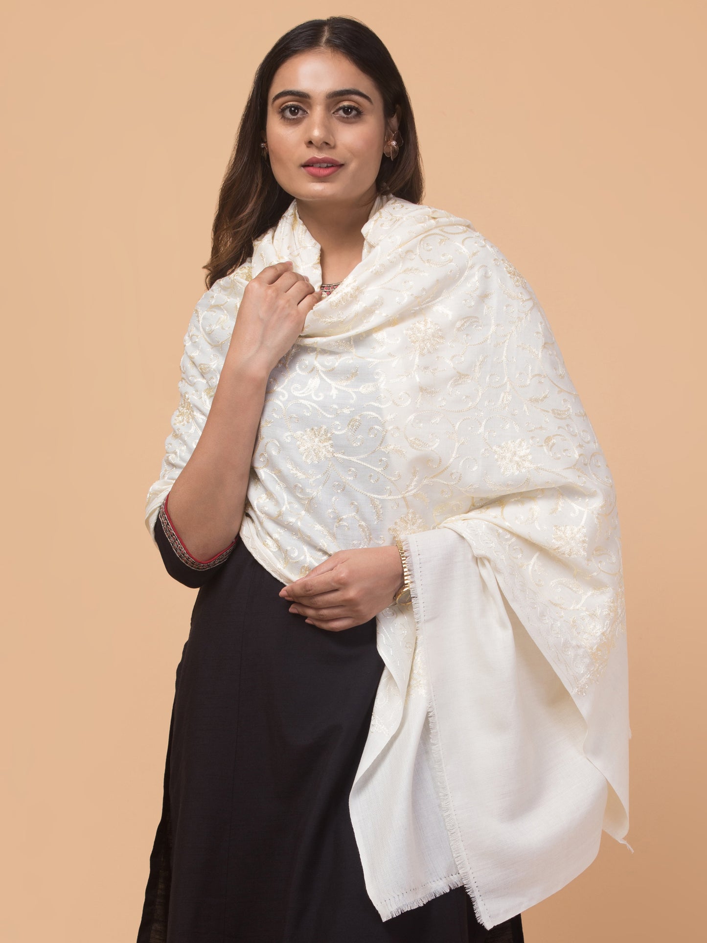 tweedle Kashmiri Aari Embroidery Shawl for Women - Off-White (40 x 80 inches)