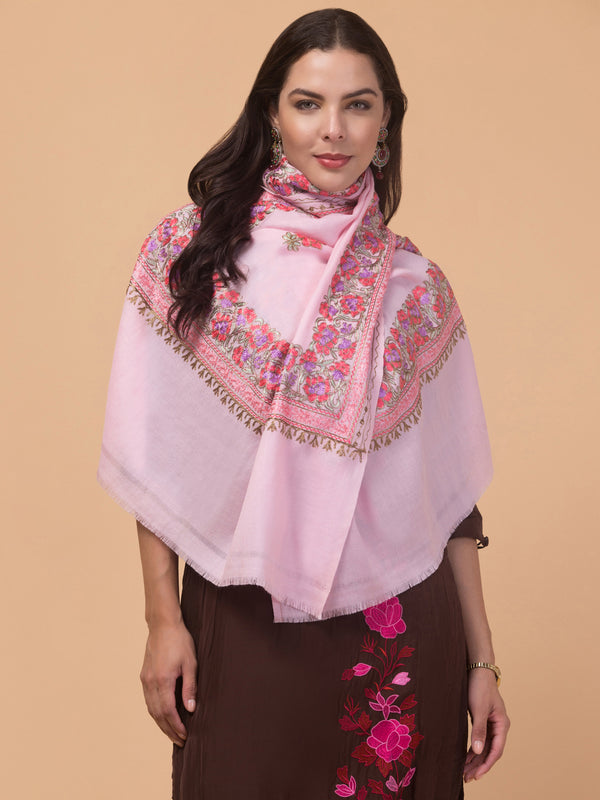 Kashmiri Aari Embroidery Stole, Solid Color with Multicolor Floral Design - Baby Pink