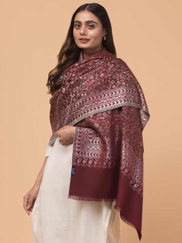 Floral Design Stole with Geometric Zari Border - Wine