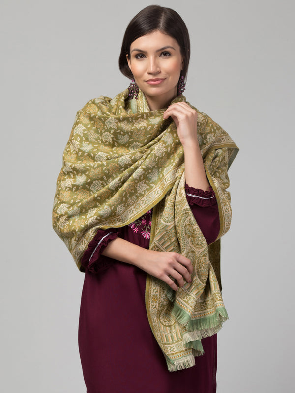 Double Sided Acro Wool Jacquard Shawl - Yellow Green