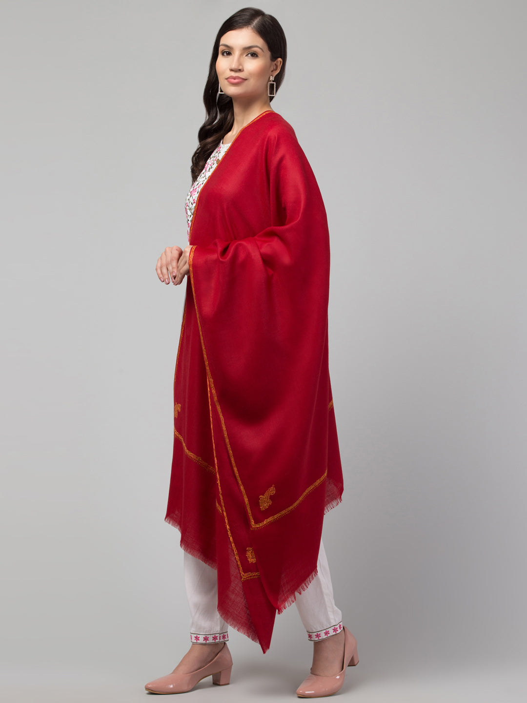 Fine Wool Plain Traditional Kingri Stole with Hand Embroidery Border - Maroon