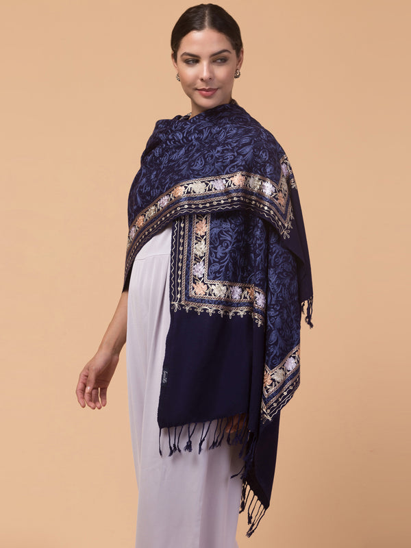 Acro Wool, Soft Feel Kashmiri Embroidery Stole for Winters - Navy Blue