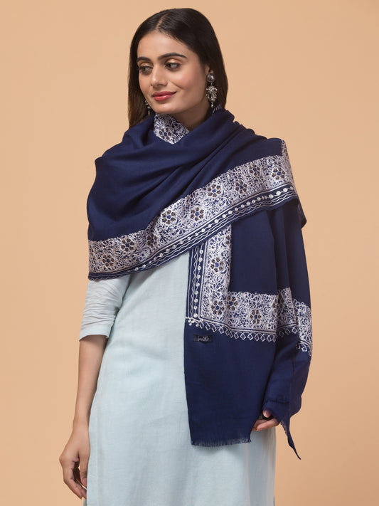 Fine Wool Embroidered Stole, Floral Pattern and Stone Work Border, Navy Blue