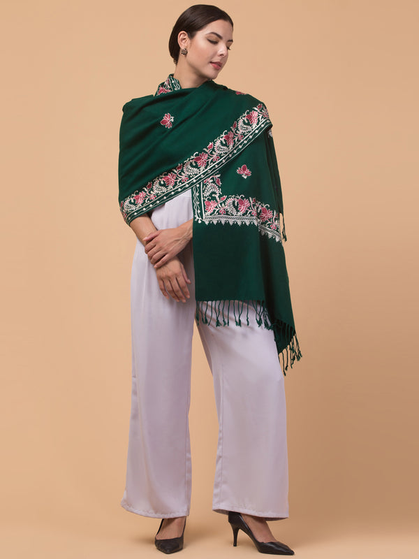 Acro Wool Stole / Wrap with Aari Embroidery Border - Dark Green